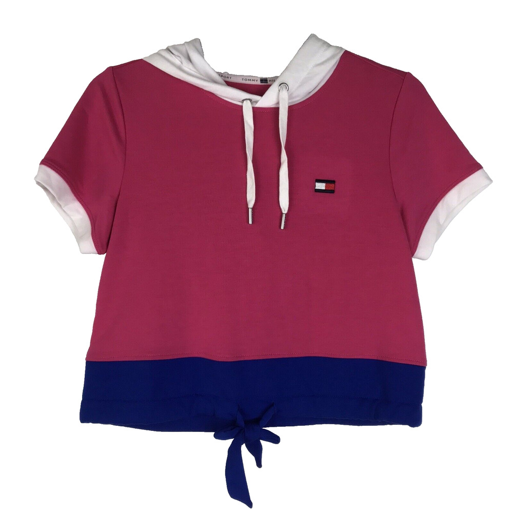 Tommy Hilfiger Sport Short Sleeve Hoodie Crop Top Pink Blue White Waist Tie XS